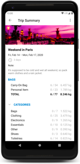 Screenshot of the OneBag App