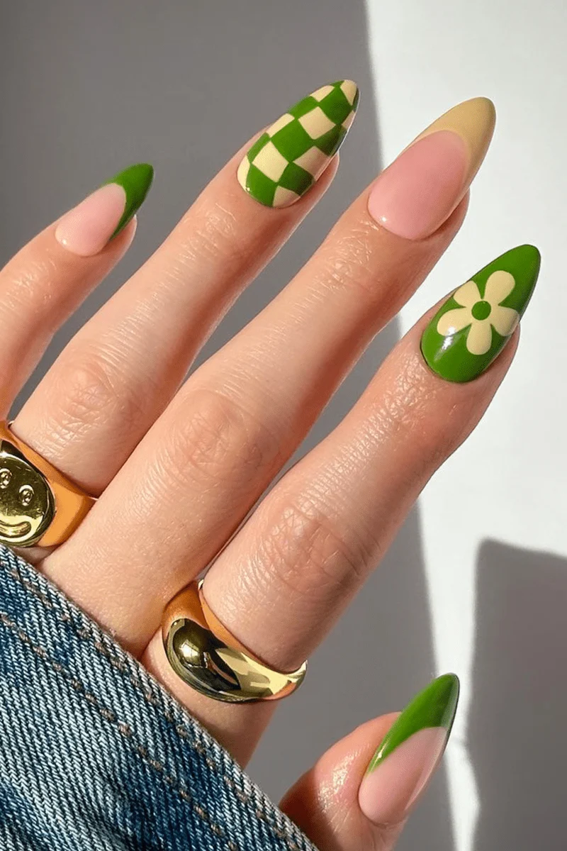 a close-up of woman's nails with minecraft inspired nail look