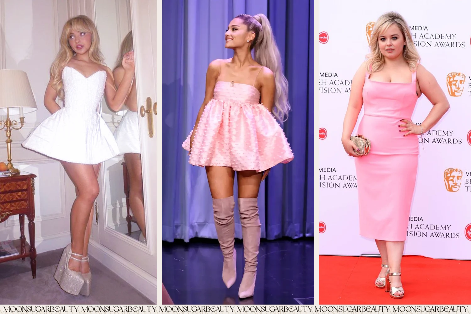 Left to right: Sabrina Carpenter, Ariana Grande and Nicola Coughlan wearing coquette fashion