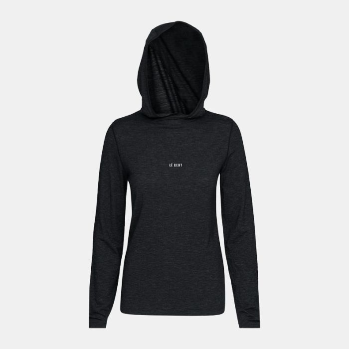 Lé Bent Women’s Featherweight Hooded LS Crew in black lying flat 